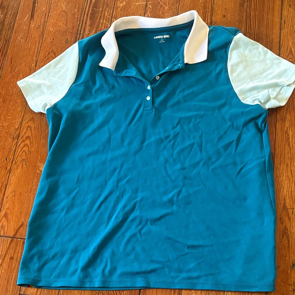 Lands' End Teal and White Polo Shirt